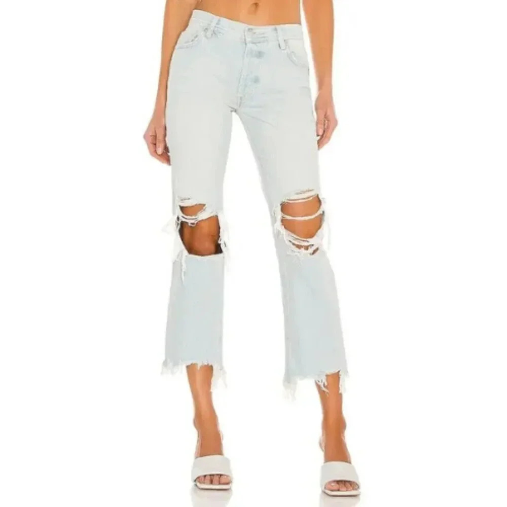 Free People Womens 25 Maggie Mid Rise Distressed Jeans